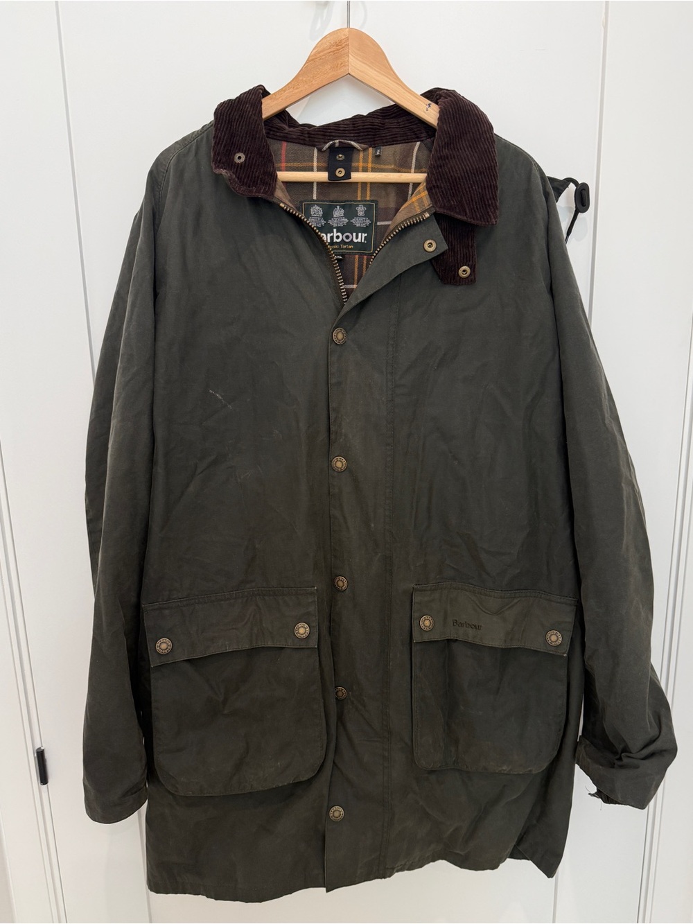 Barbour Beaufort Classic Wax Jacket Olive Green XXL Corduroy Collar Hooded Coat